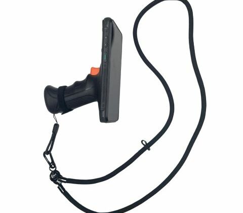 Support portable réglable permettant de porter le scanner autour du cou.